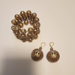 Vintage-Style Gold-Tone Filigree Ball Bracelet and Matching Drop Earrings